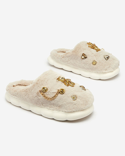 Royalfashion Beige women's fur slippers with ornaments Erserra