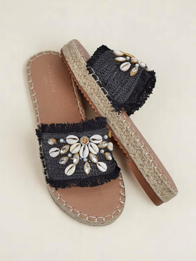 Sandały damskie Royalfashion Helena Decor czarne espadryle mit mushelkami