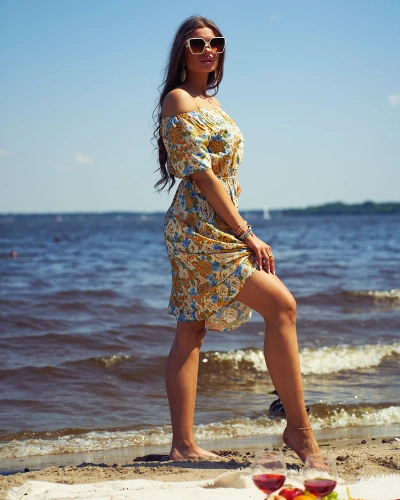 Royalfashion Women's floral mini dress a'la hiszpanka in beige