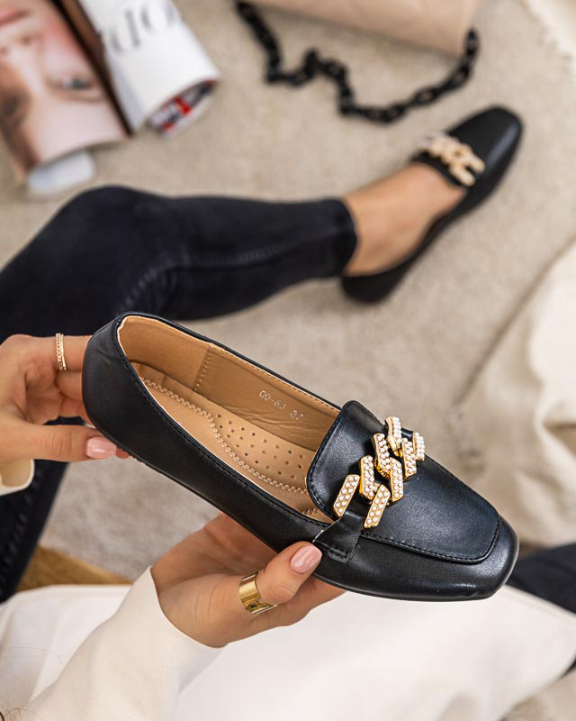 Melni sieviešu klaipi ar pērļu rotājumu Krelizo - Kurpes