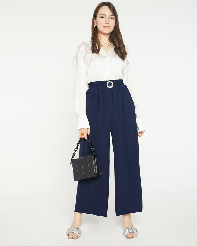 Navy blue women's wide palazzo pants with ornament - Clothing