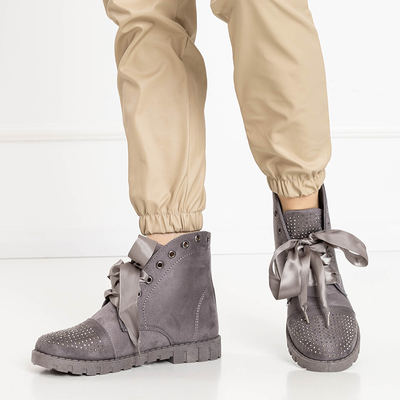 Grey women's boots with zircons laced with ribbon Segadi - Footwear
