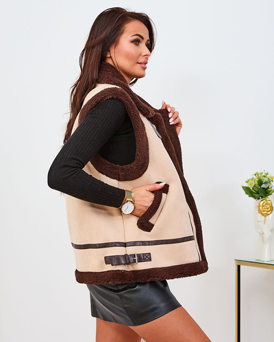 Royalfashion Bēša krāsas sieviešu veste ar aitādas apdari