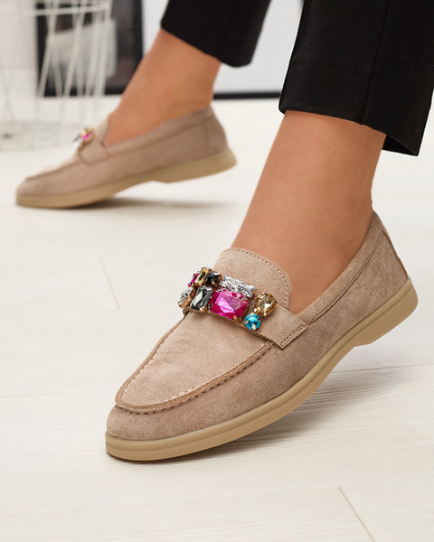 Eko zamšādas gaiši brūni sieviešu mokasīni ar dekoratīviem kristāliem Nellens- Footwear
