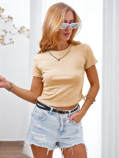 Royalfashion Женская хлопковая футболка с боковой сборкой, цепочкой и блёстками