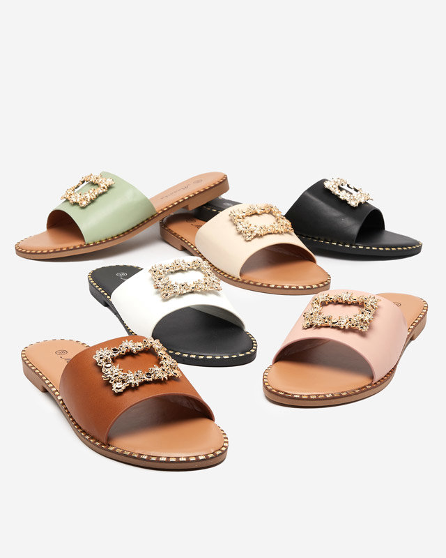 OUTLET Green elegant women's slippers with golden ornament Meriso - Footwear