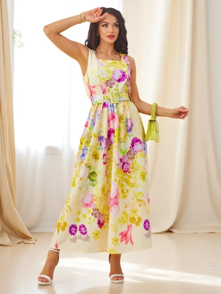 Royalfashion Women's viscose midi dress with straps, featuring a belt in various floral prints