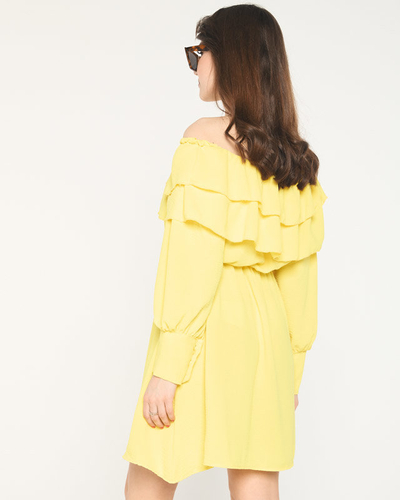 Women's Yellow Short Dress with Ruffles- Clothing