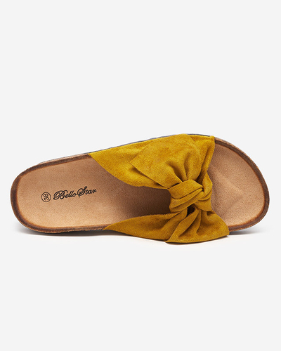 Royalfashion Mustard women's eco-suede flip-flops with bow Maqelia