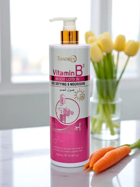 Pretnovecošanās un mitrinošs ķermeņa losjons ar B3 vitamīnu AgeDefy