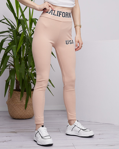 Beige women's ribbed leggings with inscriptions - Clothing