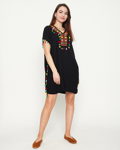 Women's black summer beach tunic with fringes - Clothing