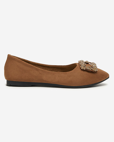 OUTLET Brown women's eco-suede ballerinas with Linselis decoration - Footwear