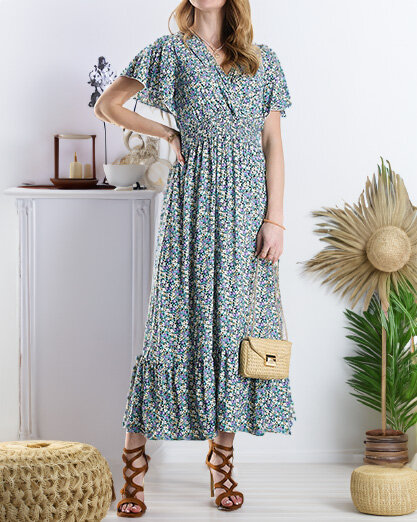 Women's floral midi dress in purple- Clothing