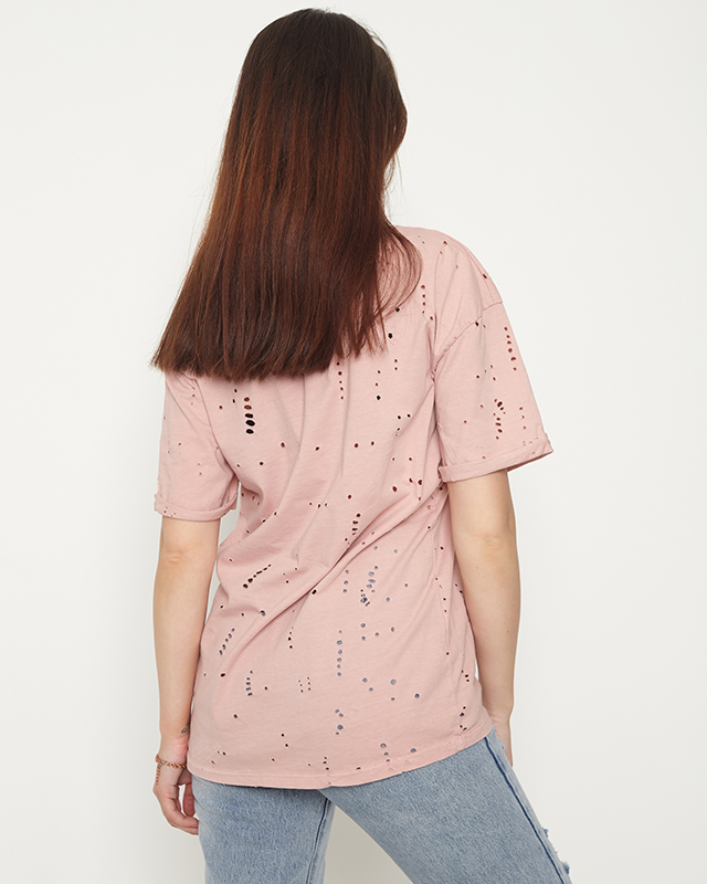 Cotton women's t-shirt with decorative holes in pastel pink - Clothing