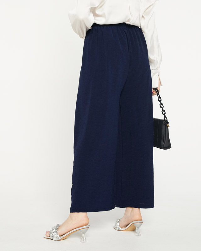 Navy blue women's wide palazzo pants with ornament - Clothing