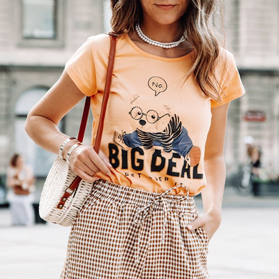 Orange women's cotton t-shirt with a print - Clothing