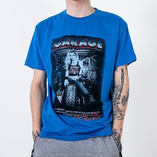 Zils kokvilnas vīriešu t-krekls ar apdruku un uzrakstu - Apģērbs