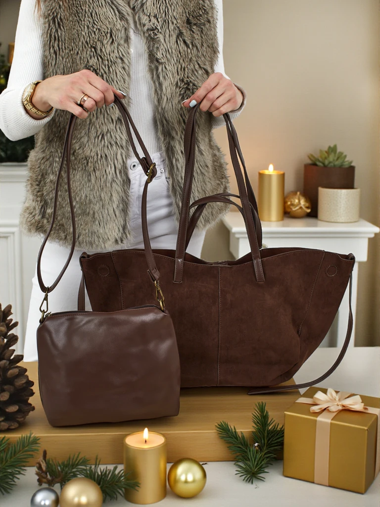 Women's shopper bag eco suede with smaller eco leather included 2in1 Elinea
