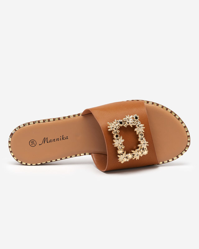 Light brown women's elegant slippers with golden decoration Meriso - Footwear