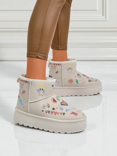 Botki Lemuria - Kremowe Śniegowce Doodle na Grubej Podeszwie Furrini