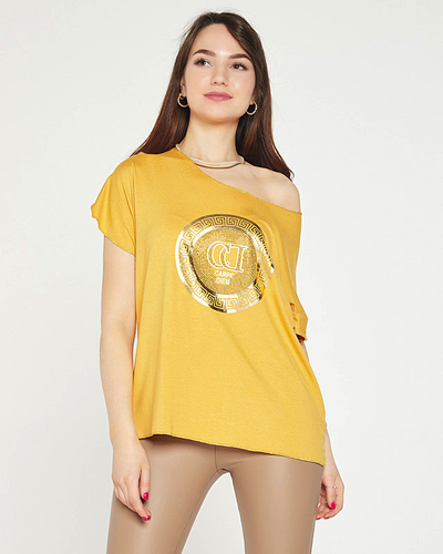 Mustard women's t-shirt with gold print and cubic zirconia - Clothing