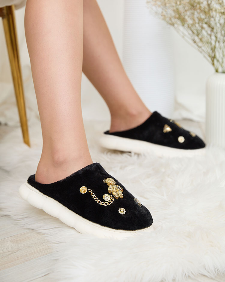 Royalfashion Черные женские меховые тапочки с орнаментом Erserra