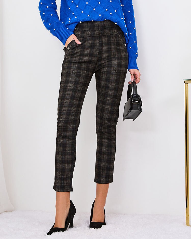 Royalfashion Коричневые женские утепленные треггинсы в клетку