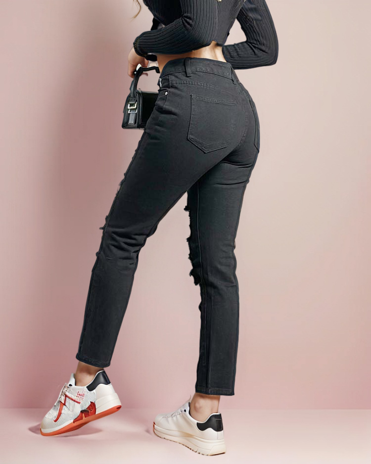 Royalfashion Женские прямые джинсы с потертостями