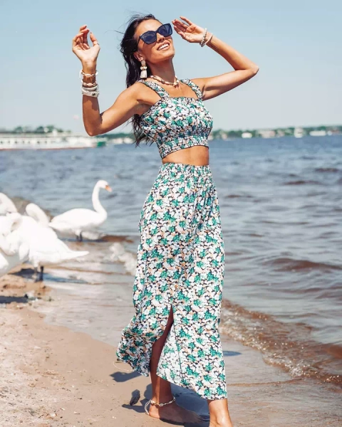 Royalfashion Piparmētru sieviešu komplekts ar ziedu apdruku