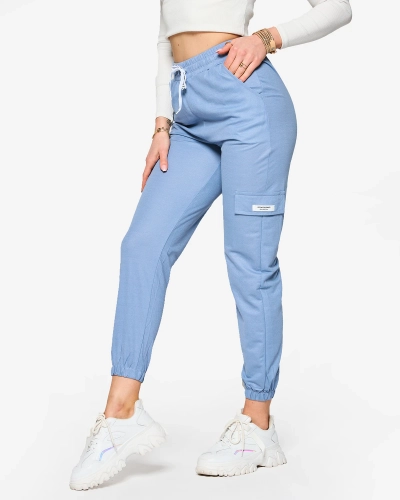 Blue women's fabric combat pants with inscriptions - Clothing