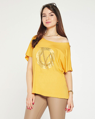Women's mustard blouse with a print and cubic zirconia - Clothing