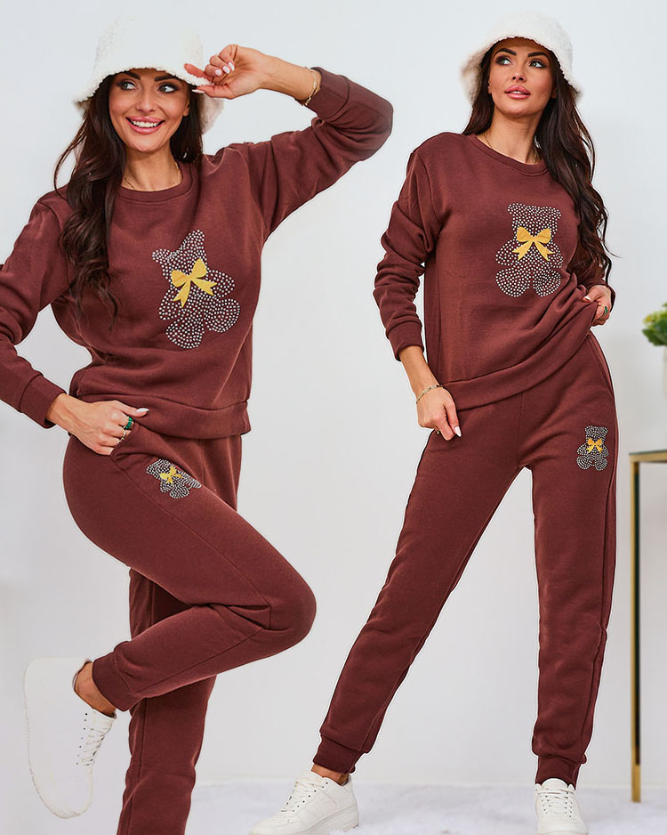 Royalfashion Коричневый женский утепленный спортивный костюм с принтом