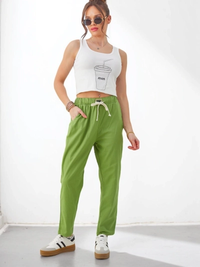 Royalfashion Sieviešu vienkāršās kokvilnas bikses ar jostu viduklī