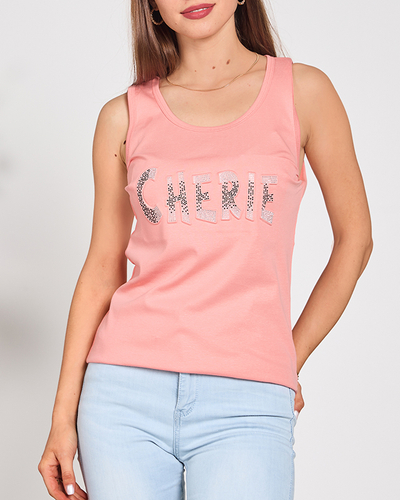 Coral women's top with inscription and cubic zirconia - Clothing
