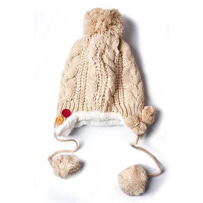 Beige Children's Tie-Up Beanie with Decoration - Accessories
