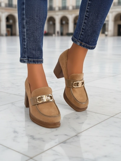 Women's Loafers Perseida – light brown suede block heel elegant