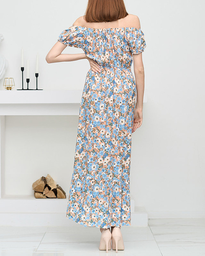 Длинное оранжевое летнее женское платье с голубыми цветами - Одежда
