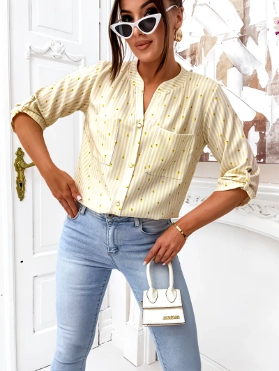 Royalfashion sieviešu svītraina krekls ar citroniem un V veida kaklu