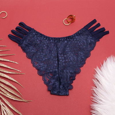 Navy blue lace women's panties, brasilian type with stripes - Underwear