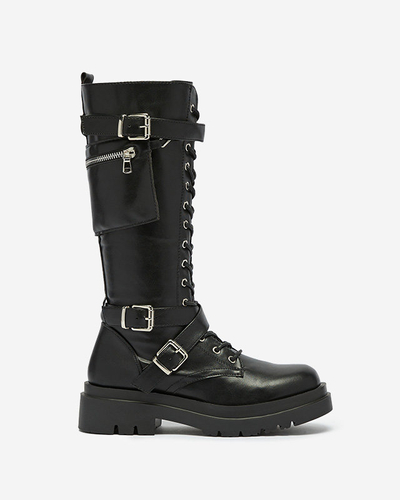 Black worker boots with decorative stripes on the upper. Imielin - Footwear