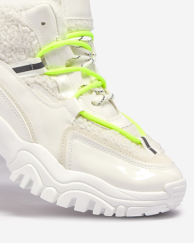 White women's sports shoes with fur and neon green laces Sagglo- Footwear