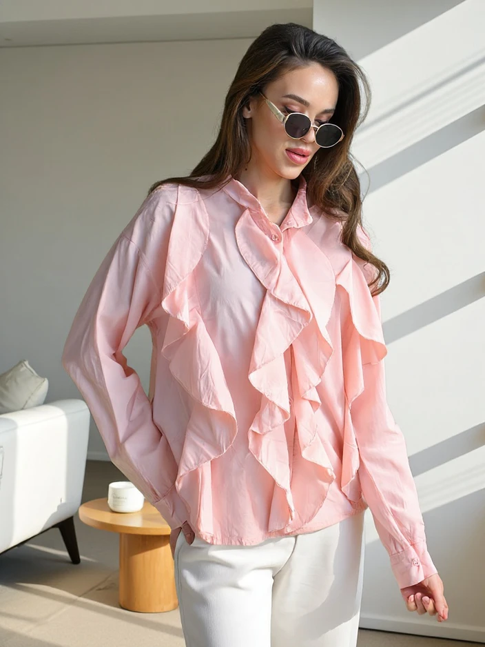 Royalfashion Cotton shirt adorned with frills and buttoned