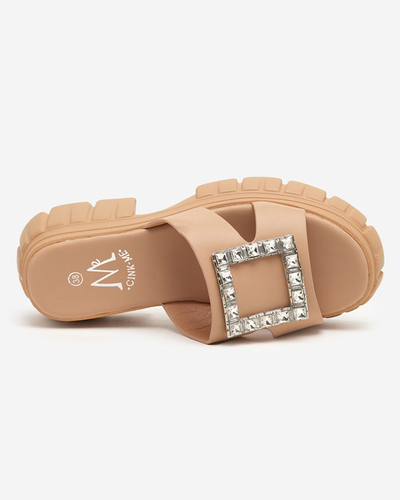 OUTLET Beige women's slippers with Vetasi crystals - Footwear