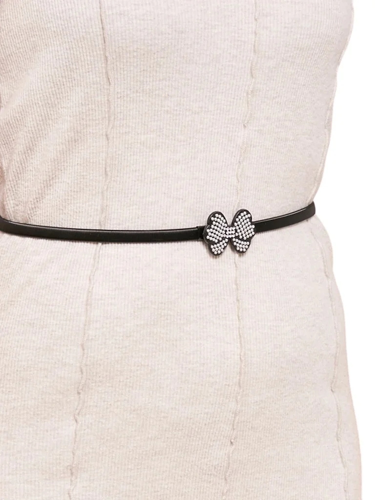 Czarny pasek damski Melina z metalow"; kokard"; w stylu latino glam