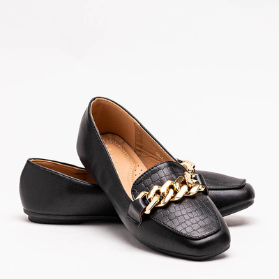 Black women's moccasins with embossing and chain on the toe by Kedis - Footwear