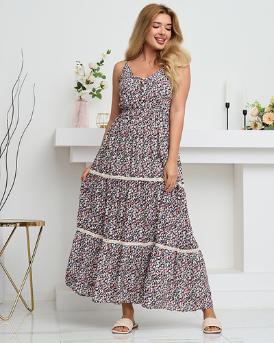 Women's long pink and black dress with colorful flowers - Clothing
