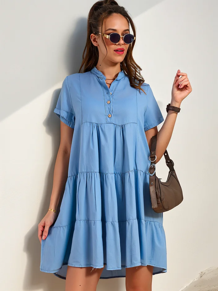 Royalfashion Women's tunic sewn like a dress with a buttoned denim neckline