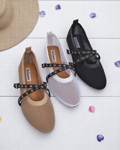 Балетки Royalfashion Calista Bianca – сетчатые белые женские туфли с черными ремешками