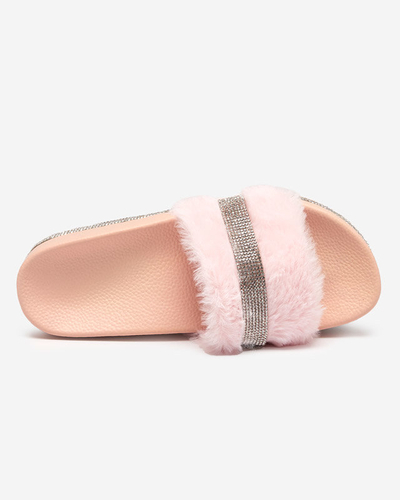 Pink women's slippers with fur and cubic zirconia Zerika - Footwear